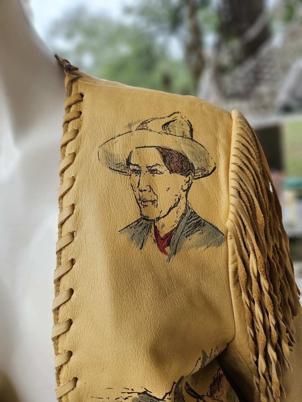 Vintage DD Ranch Wear Yoakum TX Calfskin Leather Fringed Airbrush Crop Jacket M - Picture 3 of 16